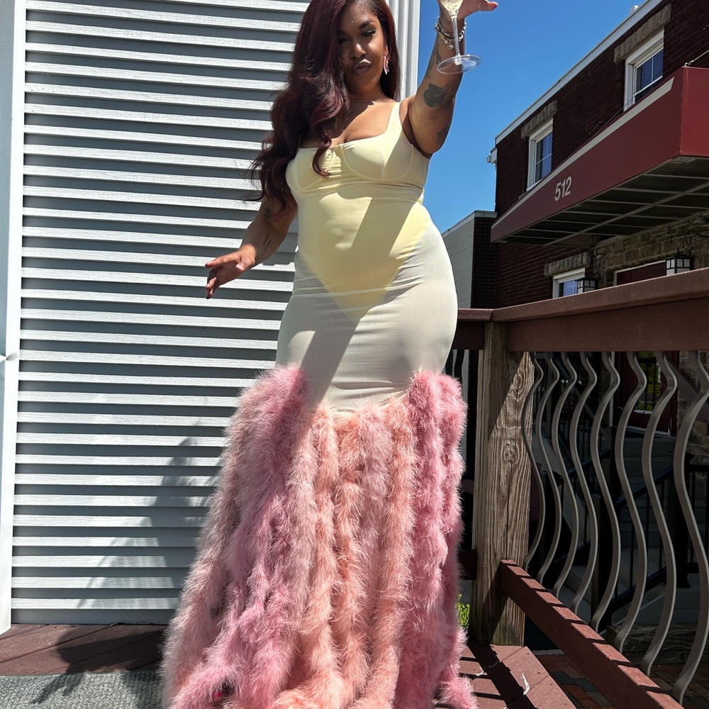 Yellow and Pink Sheer Dress with Fur Detail